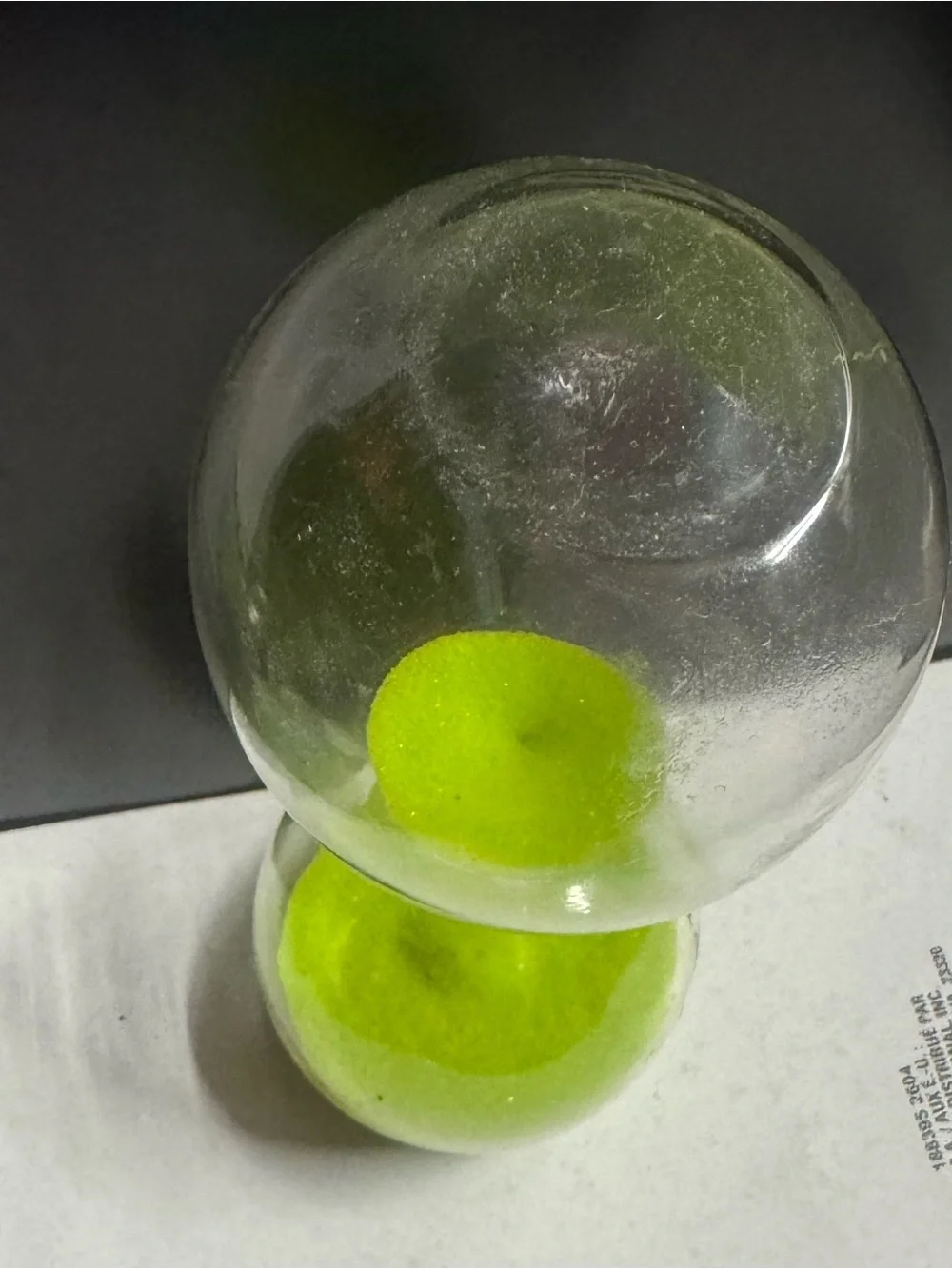 10 minute glass egg timer with lime green sand hour glass 8” tall